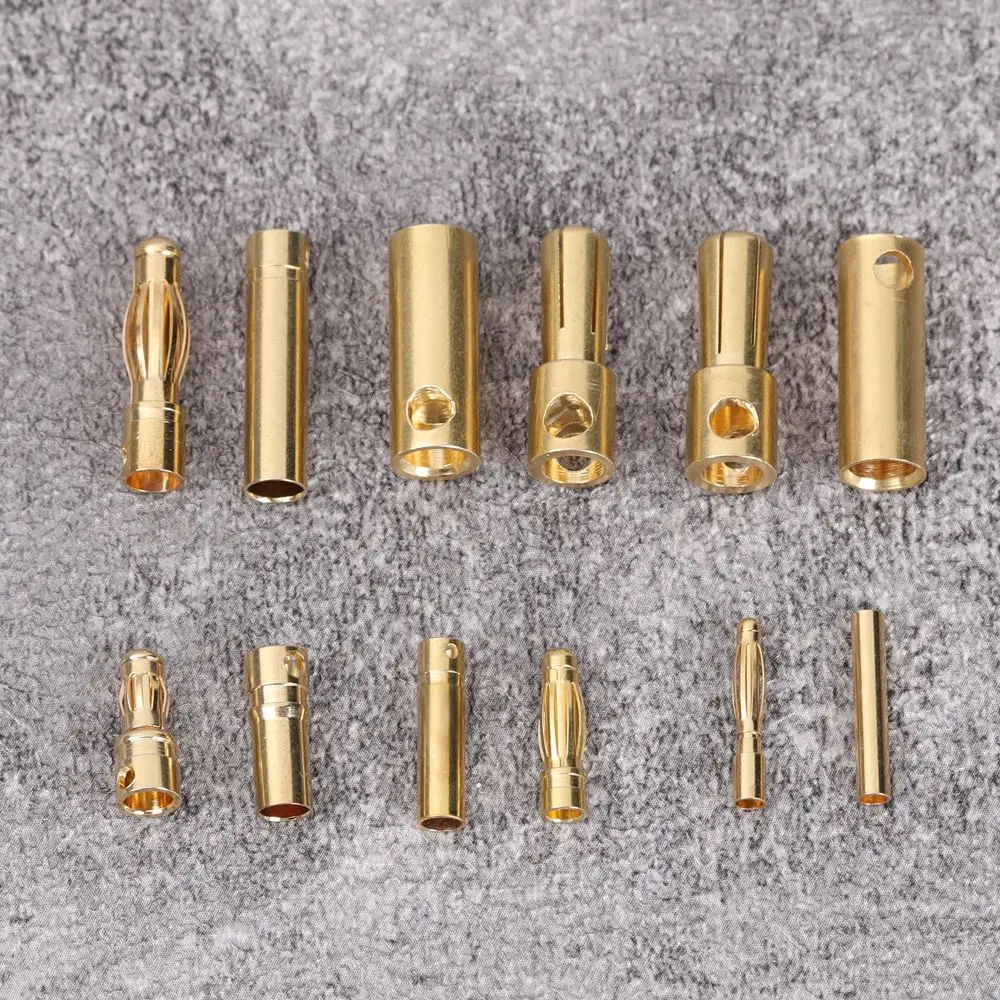 10 pares 2/3/3.5/4/5/5.5mm caixa de voz trompete banhado a ouro alta corrente bala banana plug macho fêmea plugues conector de bateria rc