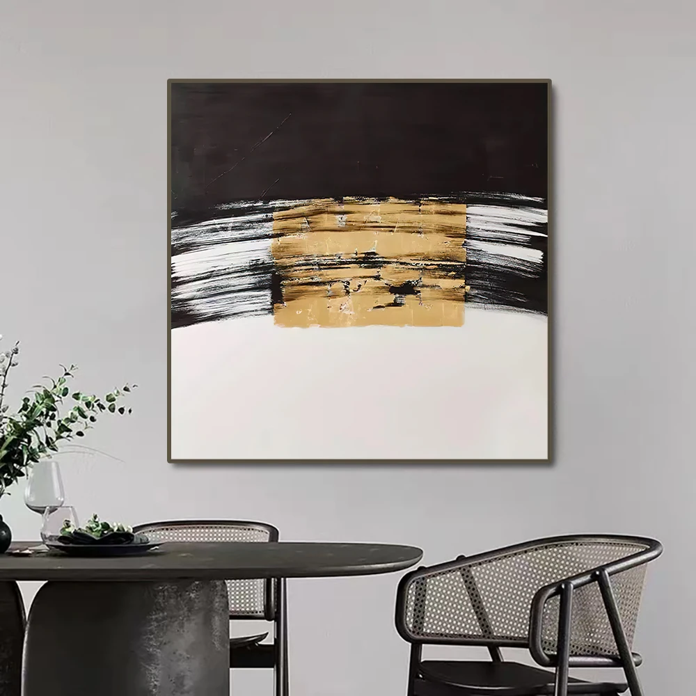 

Handmade Acrylic Canvas Painting Black And White Luxury Wall Art Abstract Gold Foil oil Painting for Modern Living room Decor