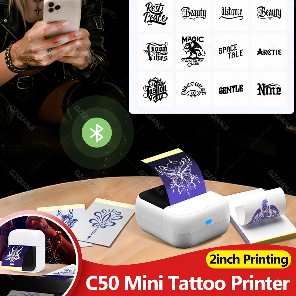 C50 Mini Tattoo Printer Portable Inkless Transfer Machine 2 Inch Compatible With Phone PC iPad For Tattoo Pattern Logo