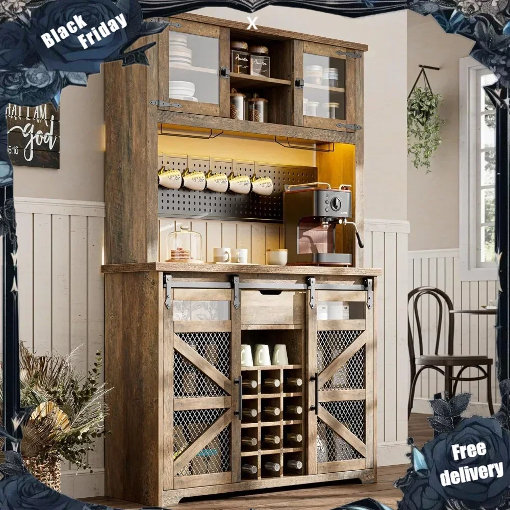 Farmhouse Coffee Bar Cabinet with Power Outlet, LED Light, 70'' Kitchen Buffet with Hutch w/13 Storage Shelves