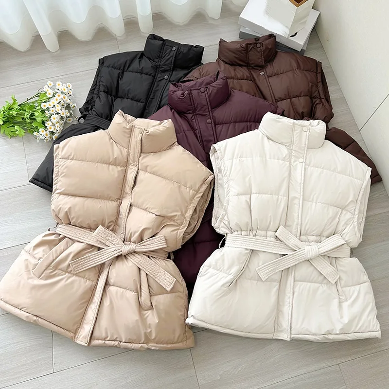 

Female Thicken Warm Vest Jackets Women Autumn Winter New Vest Coat Casual Slim Sleeveless Stand Collar Waistcoat with Belt