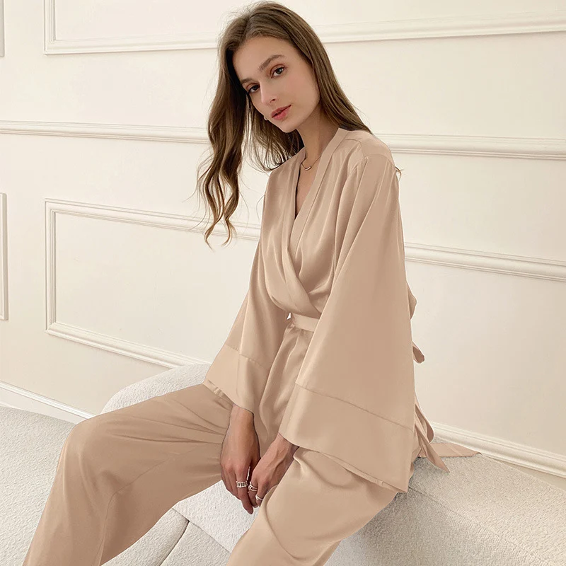 Satin Casual 2PCS Pajamas Suit With Pocket Women Long Sleeve Home Clothing Nightwear Turn-down Collar Sleep Set Pyjamas