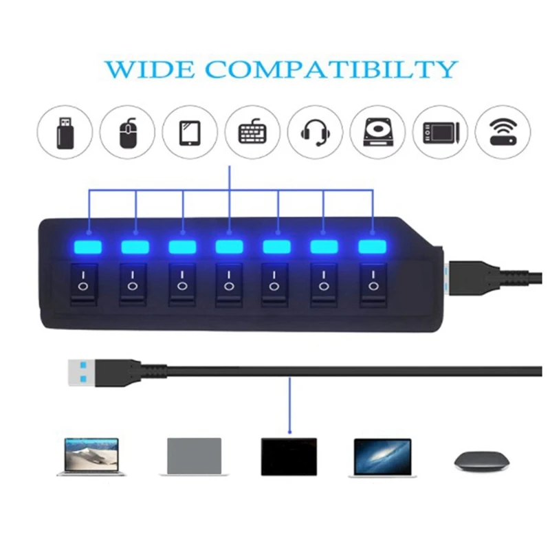 ●USB Hub 2.0 USB Splitter Multi Hub Adapter USB Several Ports Power Adapter with Switch Accessories for PC Laptop,Black-ABFB