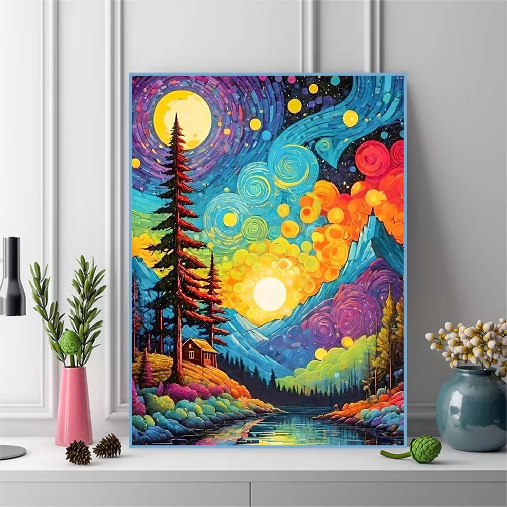 Sunset Forest Scene Digital Oil Painting By Number Canvas Art Wall Decor for Game Room or Living Room Gift Frameless
