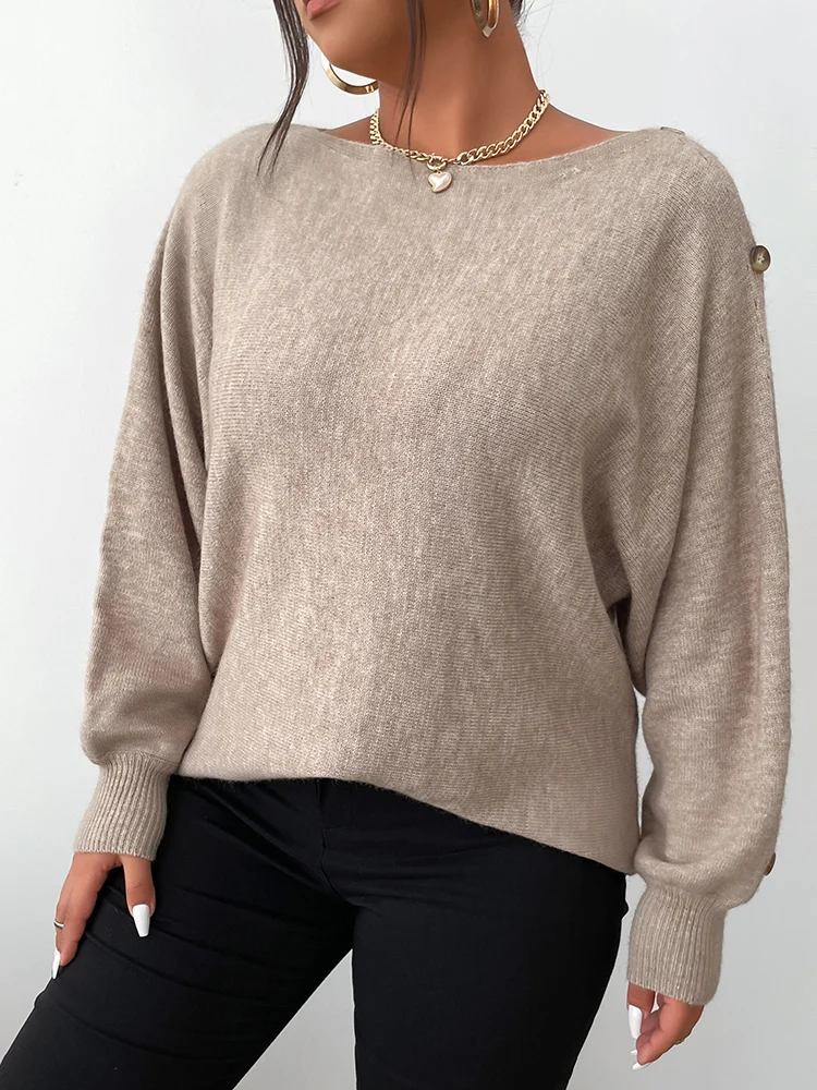 ONELINK Autumn Winter Knitted Tan Khaki Plus Size Pullovers Sweater For Women Casual Hollow Buttons Up Loose Long Sleeves Tops