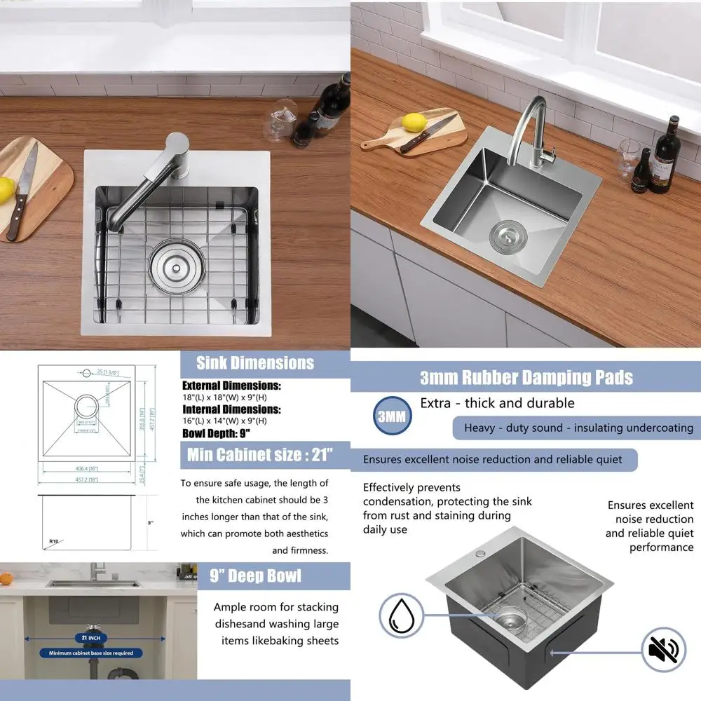

Stainless Steel 18 x 18 Top Mount Single Bowl Kitchen Sink for Laundry, Wet Bar, Prep Stations, RV, Outdoor, Yard