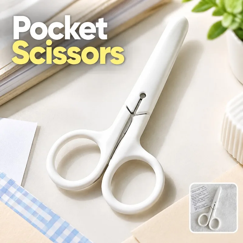 Mini Stainless Steel Scissors with Lid, Portable Pocket Office Paper Cutter White, Safety Cover Design Small Cutting Scissors