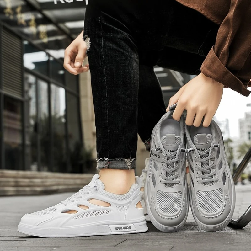 

New Summer Hollowed-out Solid Color Breathable Flat Low-top Round Toe Men's Casual Sports Trend Vulcanized Plate Shoes