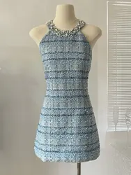 Korean Sweet Tweed Small Fragrance Tweed Dresses For Women 2023 Fashion Luxury Beading Summer Dress Hotsweet Sexy Party Dress