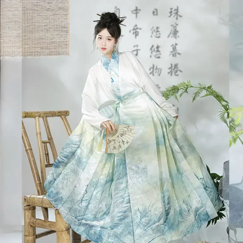 Vestido Hanfu Chinês Tradicional Feminino, Estampado Guindaste, Saia Rosto de Cavalo, Vestidos de Festa Diários, Moda Original, 2023