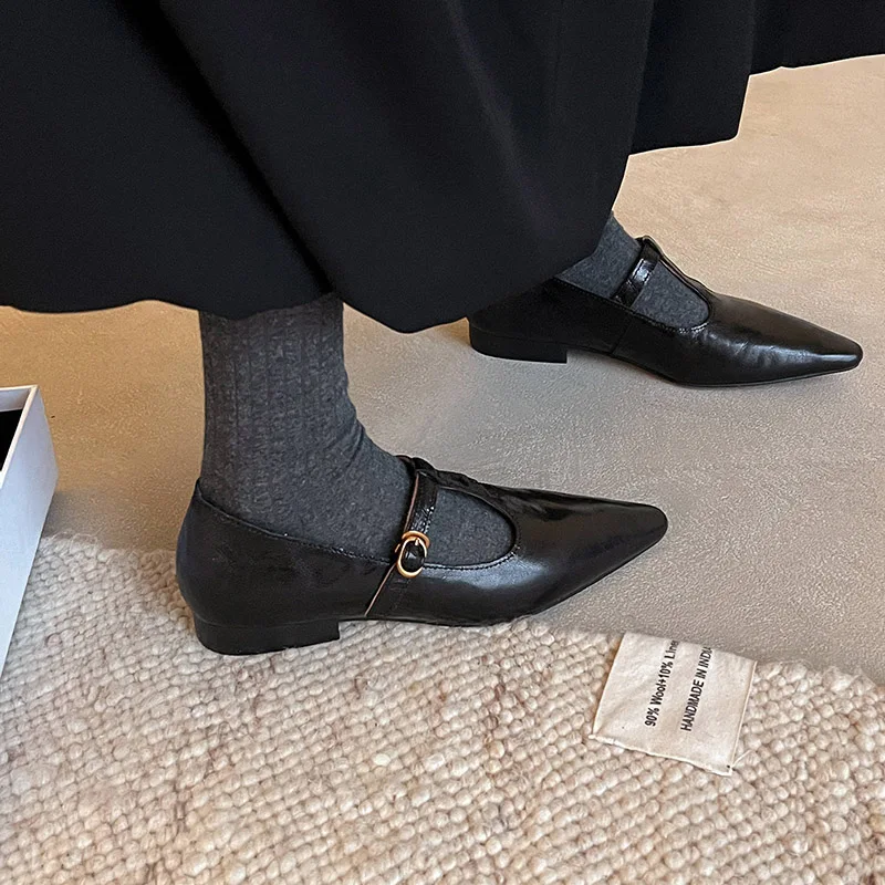 امرأة الشقق أبازيم ماري جين الربيع أحذية بسيطة الفتيات أشار تو الأحذية الرجعية T-حزام جلد طبيعي أحذية أنيقة #5