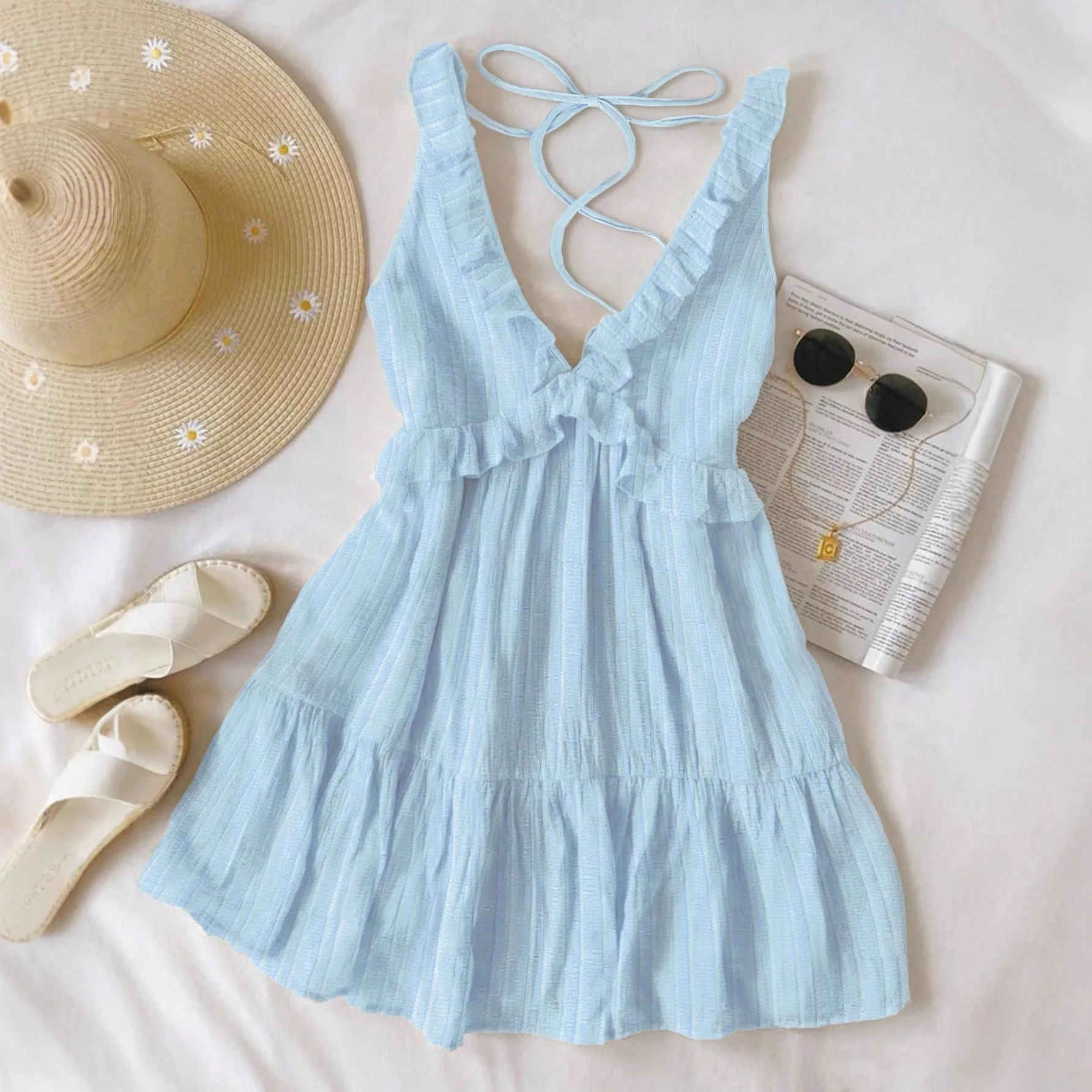 

V-Neck Lace-Up Dress Irregular Lace Halter Cross Straps Solid Color Skirt