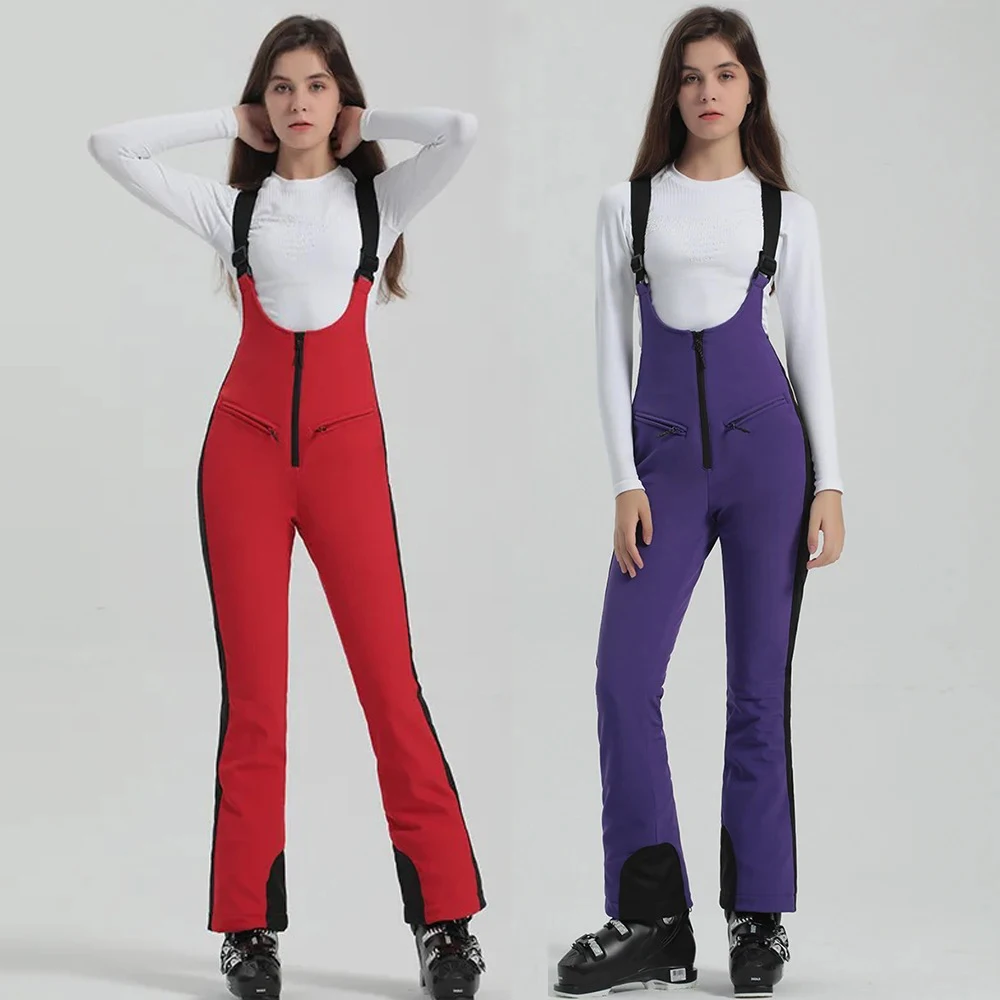 

Winter Ski Pant Warm Zipper Women Snowboard Strap Trouser High Waist Elastic Windproof Waterproof Thicken Thermal for Outdoor