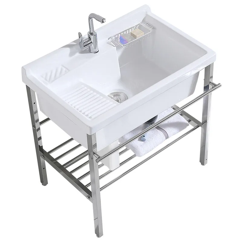 Balcony deepened ceramic integrated laundry pool with rubbing board floor-to-ceiling stainless steel bracket outdoor laundry