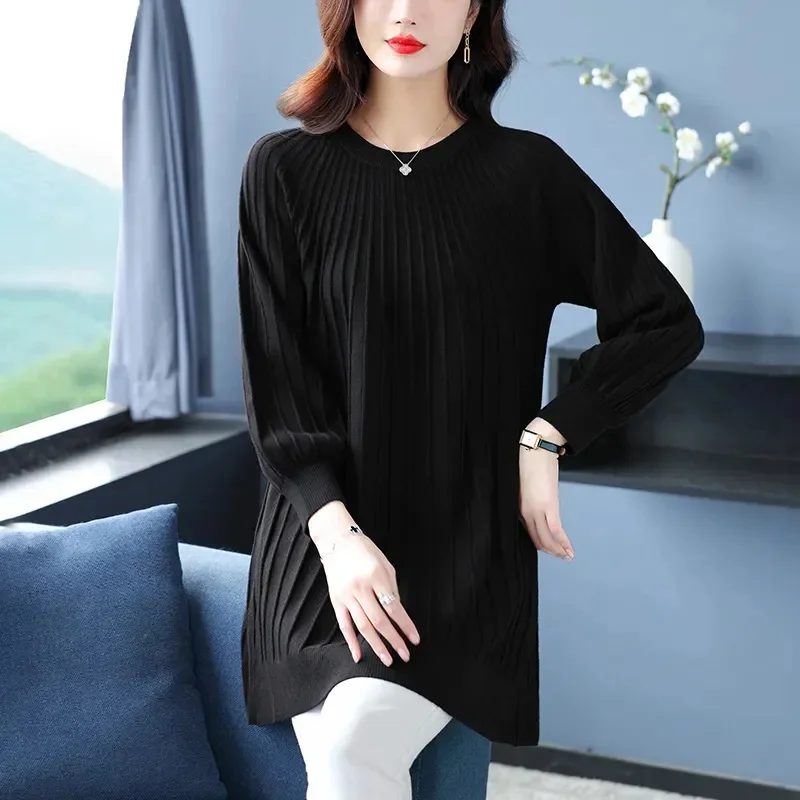 2026 Middle Aged Mother O-Neck Sweater Dress Spring Autumn Ladies Large Size 6XL Long Sweater Femme Fashion Loose Knit Top view 3