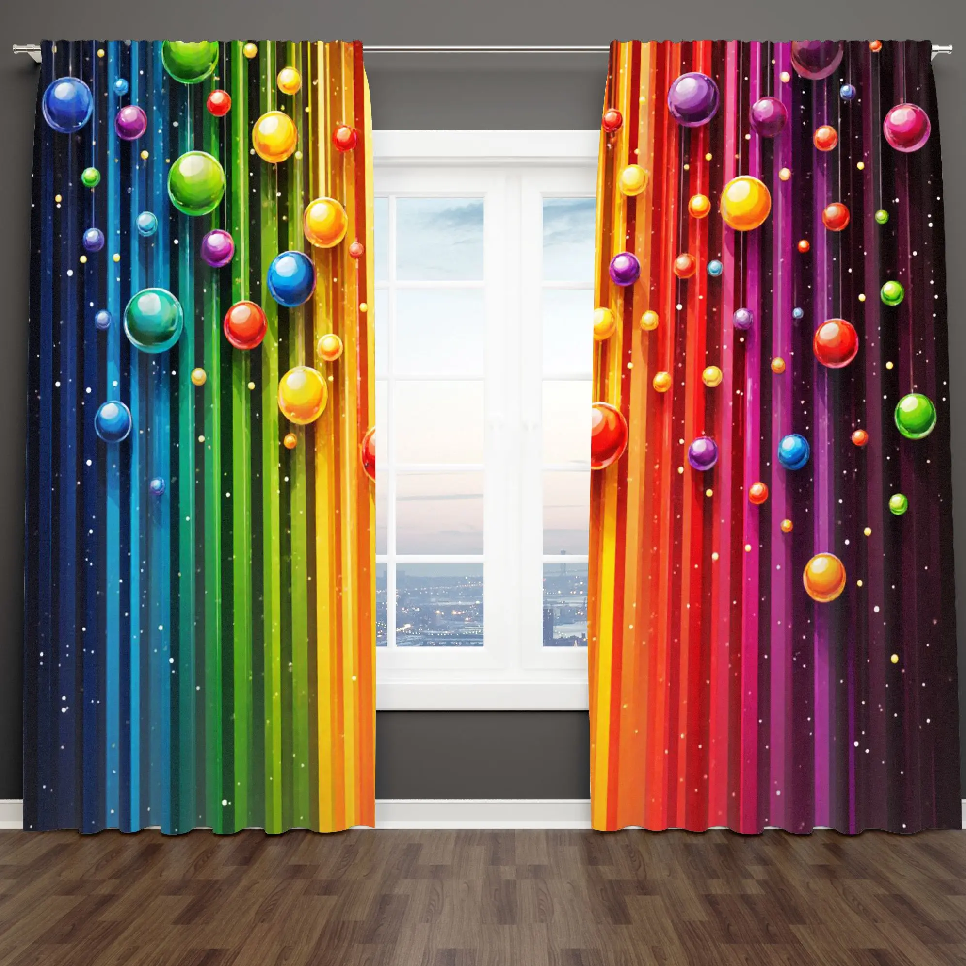 2D Flat - 2pcs Rainbow Bubble Curtains Colorful Abstract Print Blackout Drape Living Room Bedroom Window Treatment Home Decor