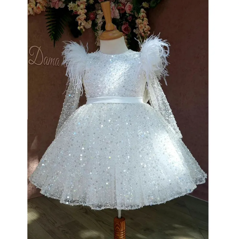 

Girl's White Fluffy Gauze Long Sleeved Feather Sequins Evening Ball Gown Children Birthday Performance Dress y1348