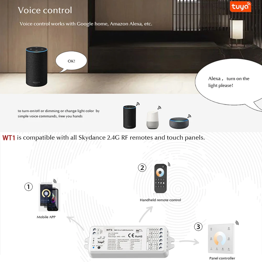 Tuya Wifi 2.4G RF WT1 LED ściemniacz DC12V 24V 2CH * 5A WW CW CCT bezprzewodowy kontroler zdalnego przyciemniania inteligentnego życia dla Alexa