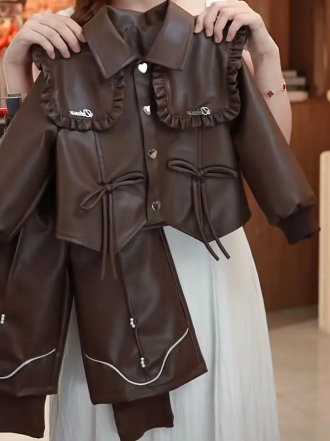 Girls Autumn Outfit 2026 New Fashionable  Knot Leather Jacket And Pants Two Piece Set Warm Casual Sportswear for Kids