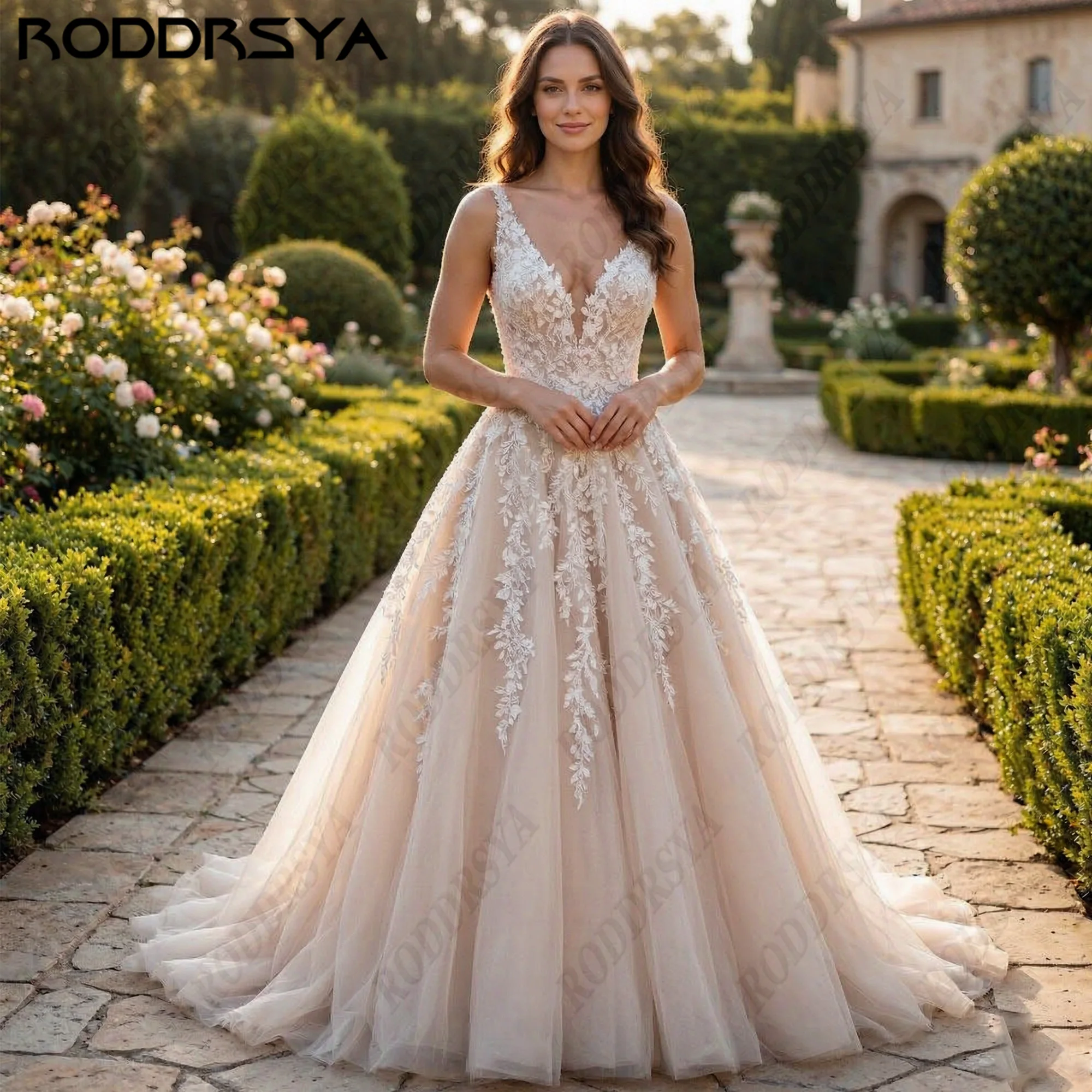 RODDRSYA Deep V Neck Spaghetti Straps Wedding Dress Lace Appliques Tulle Court Train A Line Bridal Gown For Women Personalized