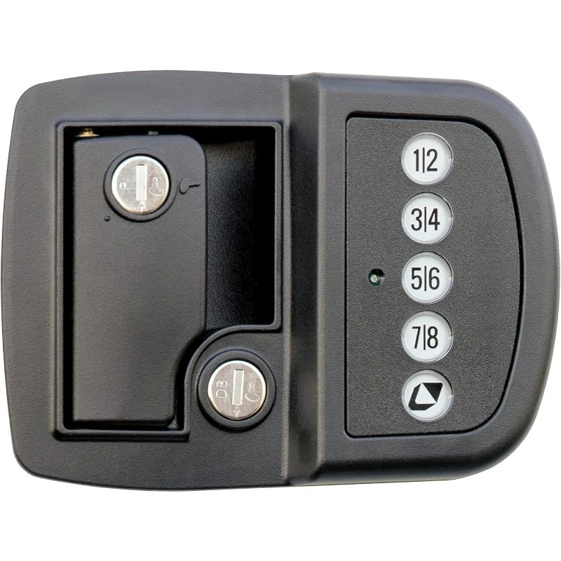 

Keyless RV Door Lock with 60' Bluetooth Range, Lighted Keypad Buttons, 3 Battery Modes, Aluminum Construction, Black Pow