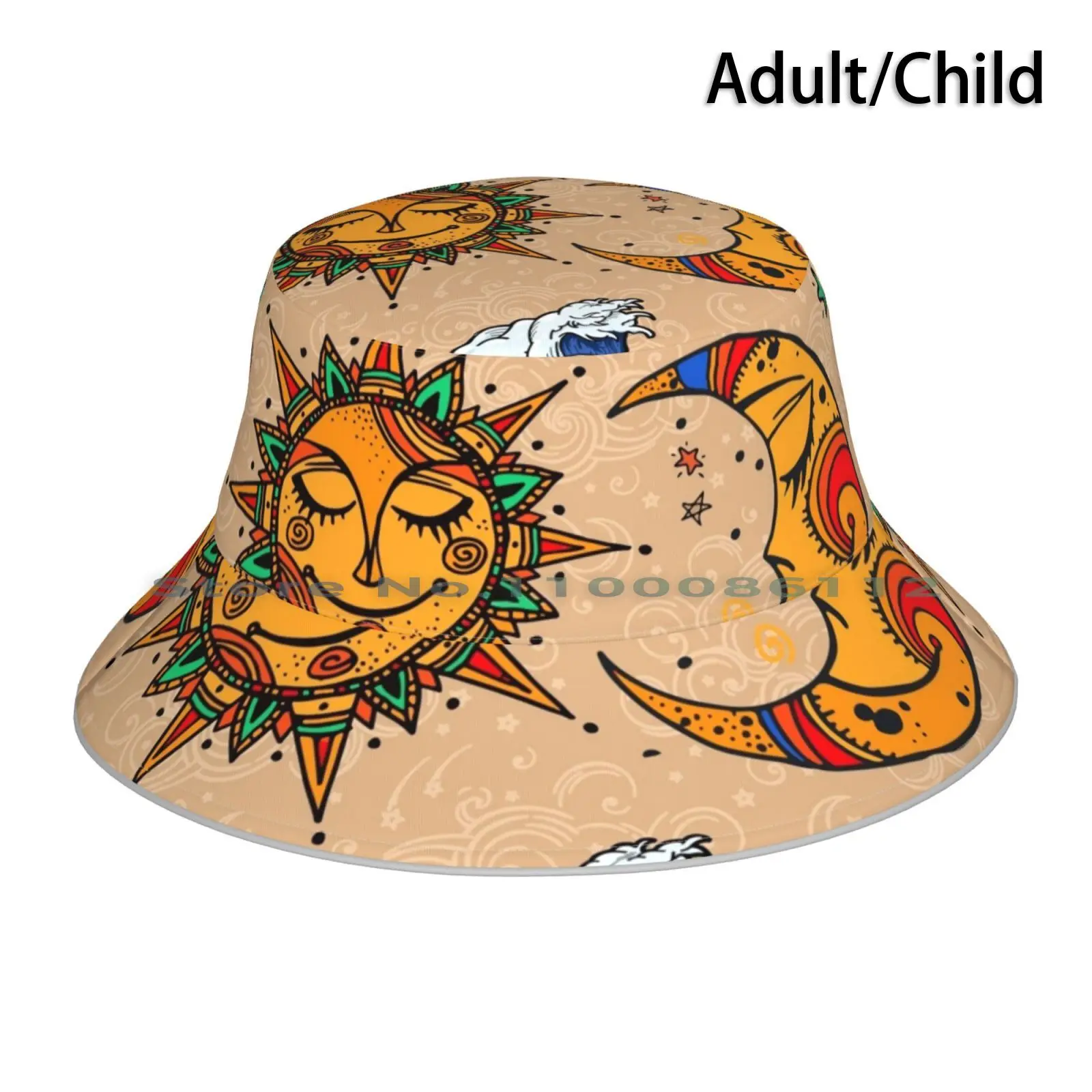 Sun God & Moon #4 : Smile Bucket Hat Sun Cap Space Cosmos Sun God Moon Sea Wave Cloud Sky Alchemy Esoteric Spiritual Stars