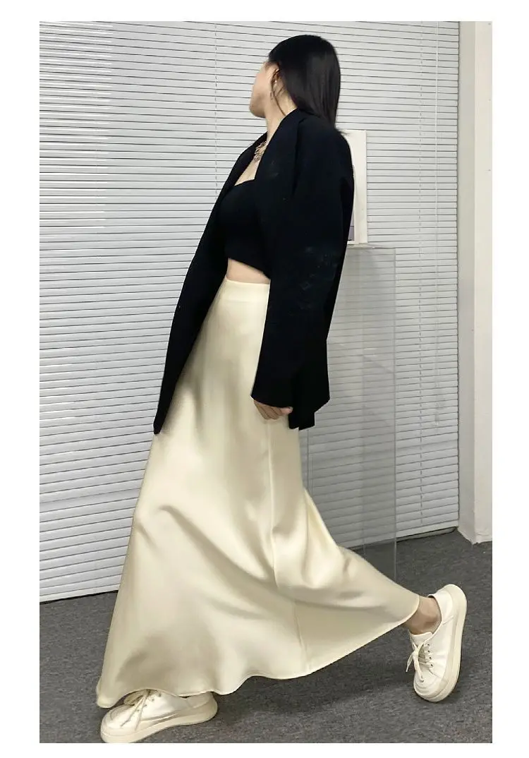 

Women's Fashion 2026 Flowing Satin Midi Skirt Women Vintage Elastic High Waist Flared hem High Street Female Skirt