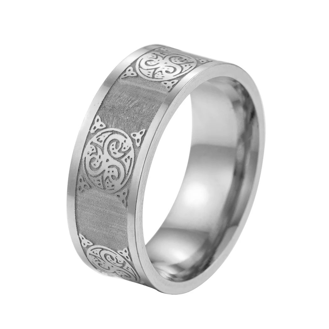 Stainless Steel Trixel and Ravens Ring with Ornament Handcrafted Norse Jewelry for Men and Women