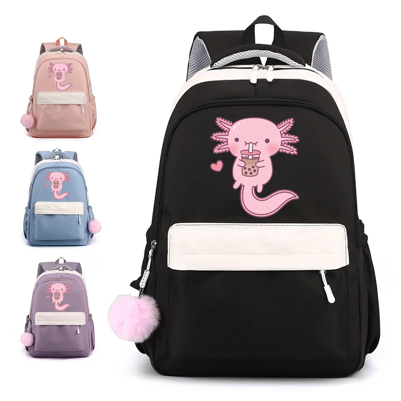 Cute Kawaii Axolotl backpacks for both men and women Axolotl schoolbag cute cartoon zipper backpack large capacity schoolbag