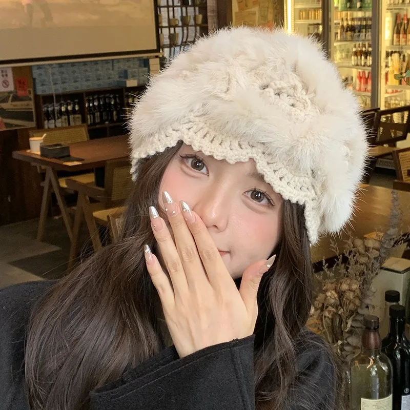 Echte Kaninchenfellmütze, Winter-Strickmütze im koreanischen Stil für Damen, warme Pyjama-Mütze mit schlankem Gesicht und Fleece-Futter