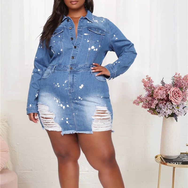 

Sexy Turndown Collar Long Sleeve Cotton Bodycon Rip Jeans Plus Size Dresses 2024 Party Club Denim Short Mini Women Clothing Ddlg