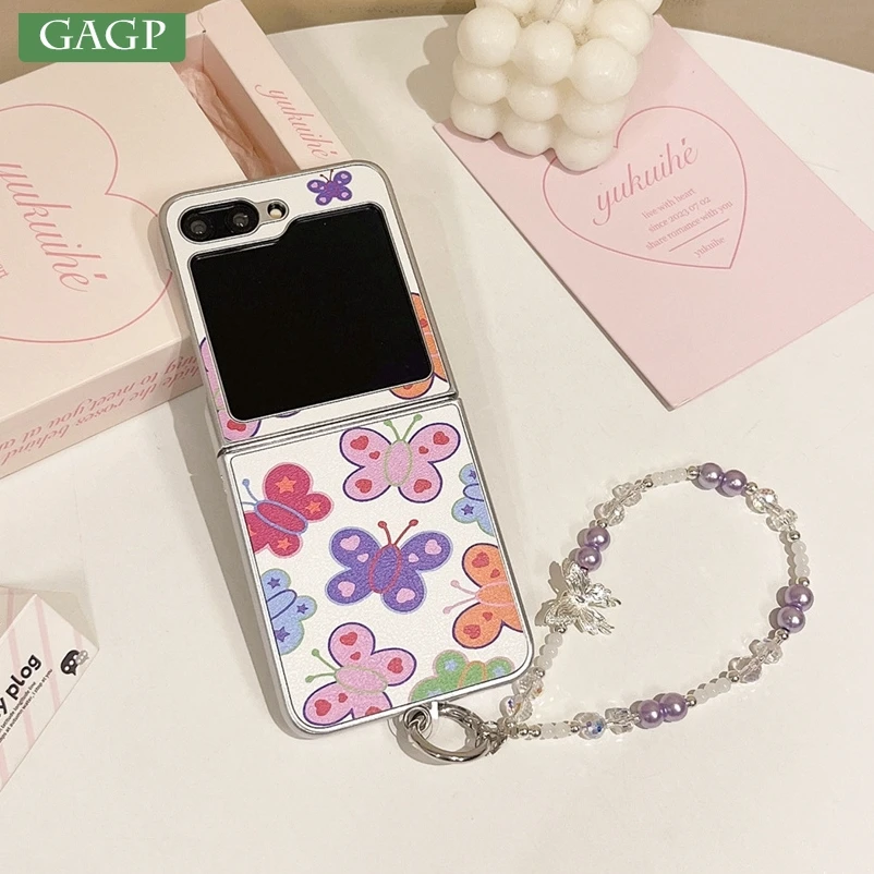 Colorful Cartoon Butterfly Chain Lanyard Case For Samsung Galaxy Z Flip 6 flip 5 Rabbit Thin Back Cover For Galaxy Z flip 4 3 6