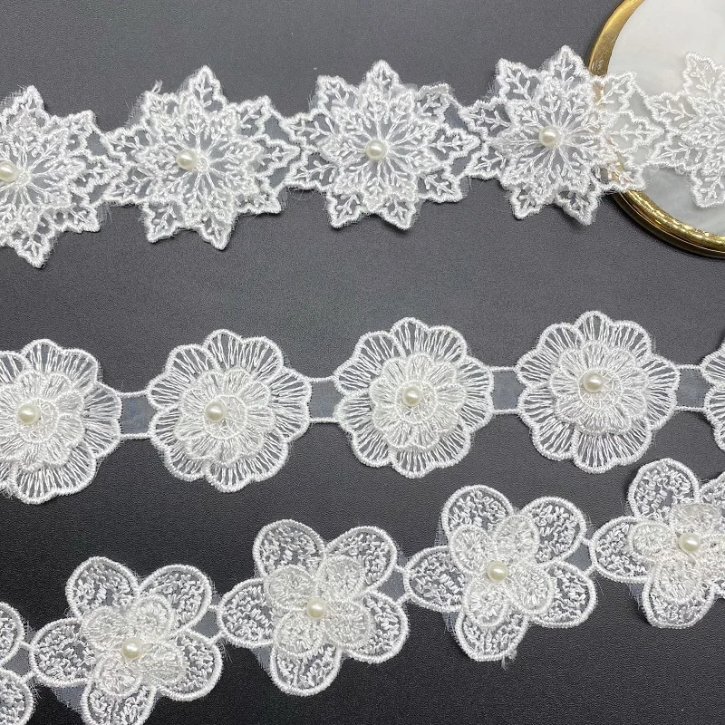 10Yards 3D Snowflake Pearl Beaded Flower Lace Fabric Trim Ribbon Tassels For Apparel Sewing Bridal Wedding Dress Collar Doll Cap