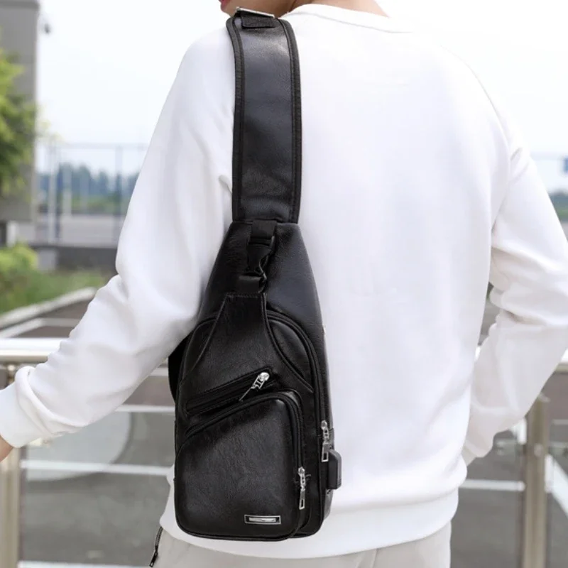 USB Charging Chest Bag with Headset Hole Mens Multifunction Single Strap Anti Theft Chest Bag with Adjustable Shoulder Strap