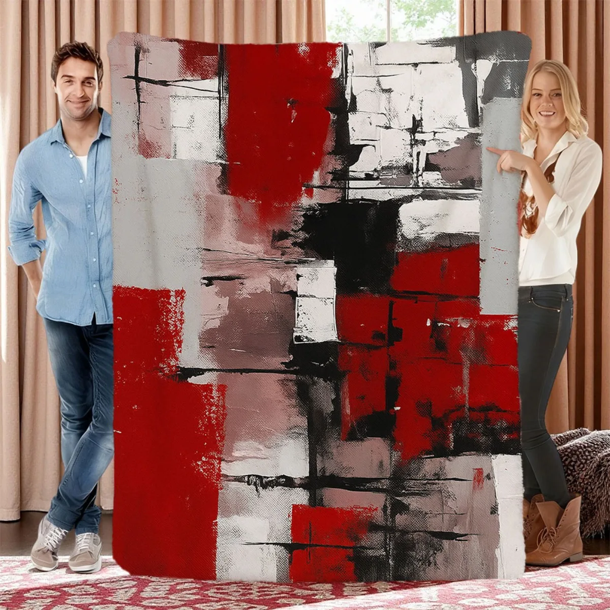 1pc Red Abstract Fleece Throw Measuring 127 Cm by 152.4 Cm, Suitable for Beds, Sofas, Or Couches, Featuring a Geometric Design f