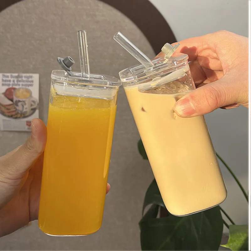 YWDL Heat Resistant Coffee Glass Cup With Lid and Straw Square Transparent Milk Tea Juice Cups Coffee Mug For Home Bar Drinkware