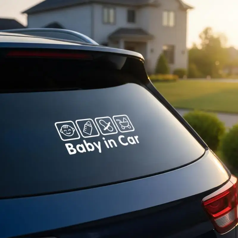 Waterproof Baby In Car Decal With Cute Cartoon Icons And Easy Install Perfect For Car Rear Window Safety Reminder