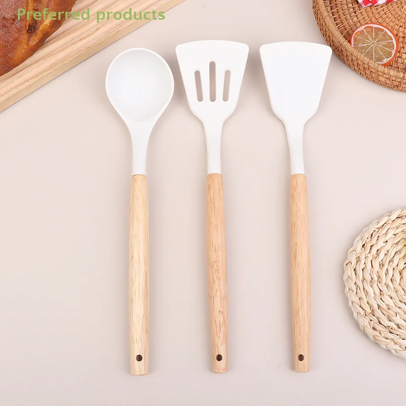 Espátula para olla de alta temperatura, espátula para freír, cucharón para sopa, mango de madera, espátula de Gel de sílice, cuchara de cocina casera, espátula para freír, 1 ud.