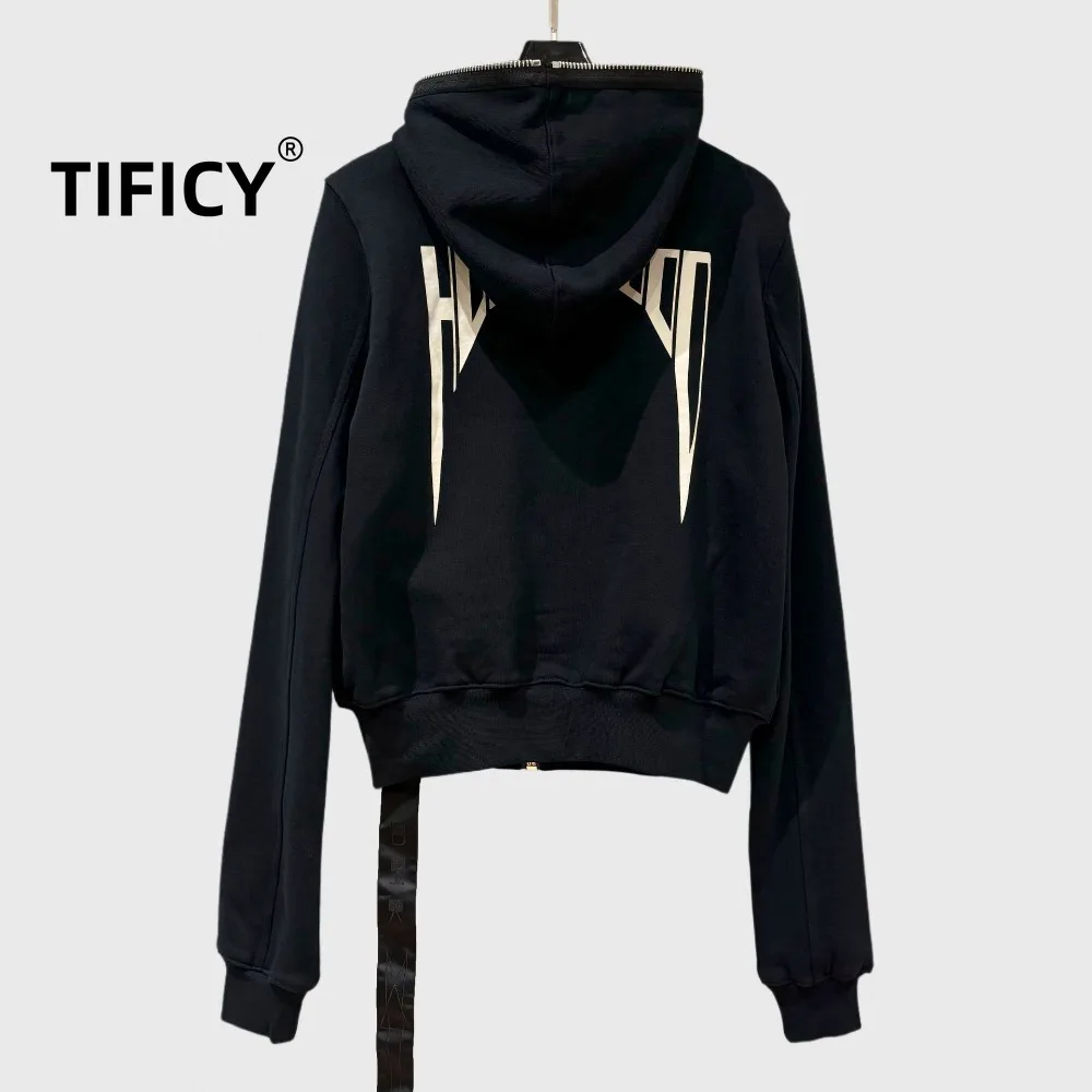 

High Street Dark Black Hooded Sweatshirts Tops Women's Back Print Hoodies Sweatshirts Casual Autumn and Winter Jackets