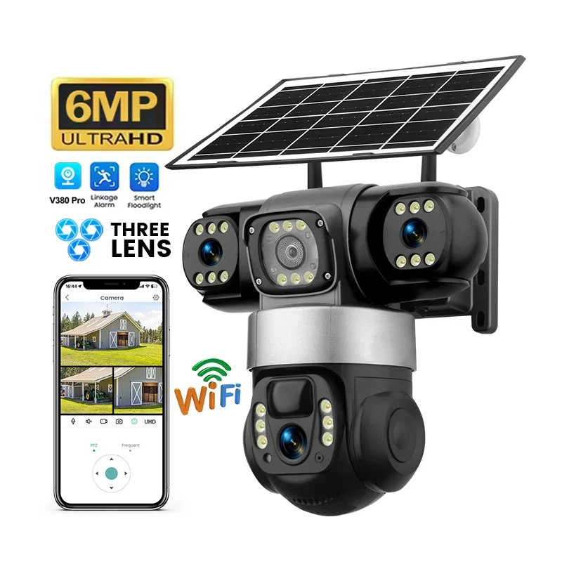 2026 High Quality 6MP 4G Solar CCTV Camera With Three Lens Colorful Night Vision Long 8000mAh Battery Life PTZ Surveillance Came