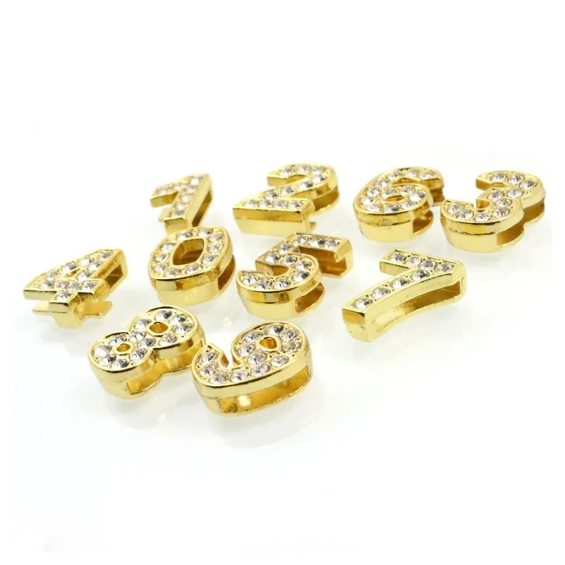 10PC/lot Hole 10MM Full Rhinestones gold plated Slide number 0 - 9 slide Charm Fit For 10mm DIY keychains Wristband Bracelet