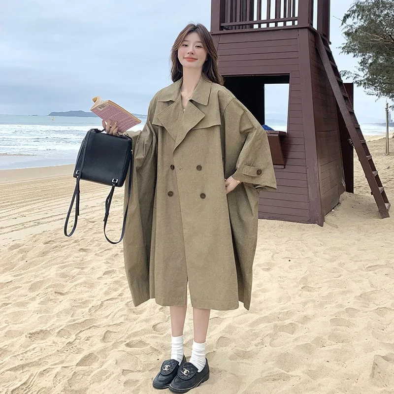 SuperAen 2026 Spring and Summer New Batwing Sleeve Asymmetrical Double-Button Design Oversize Trench Jacket Top Solid Color Tops