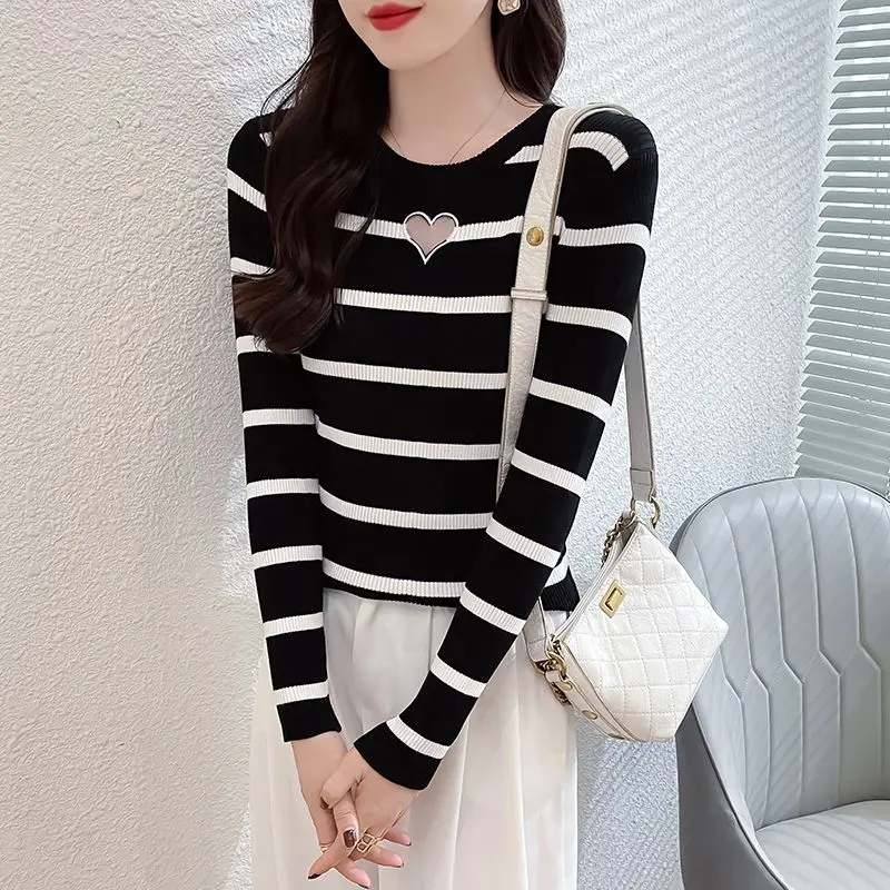 Women\'s Clothing Round Neck Sweet Pullover Long Sleeve Striped Contrast Color Sweater Knitted Spring Autumn Screw Thread Tops