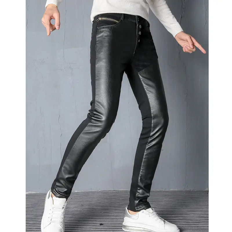 Idopy Men`s Front Faux Leather Pants Punk Style Patchwork Party Stage Performance Night Club Steampunk Faux PU Leather Trousers