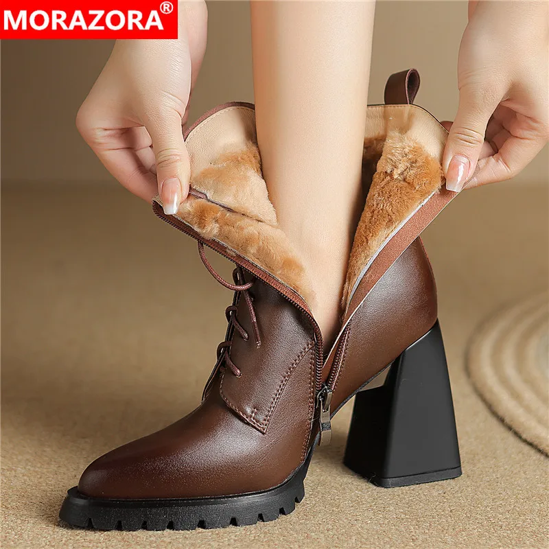Morazora botas de couro genuíno para as mulheres, ankle boots de lã natural com zíper, saltos altos grossos, dedo apontado, neve, inverno, novo, 2022
