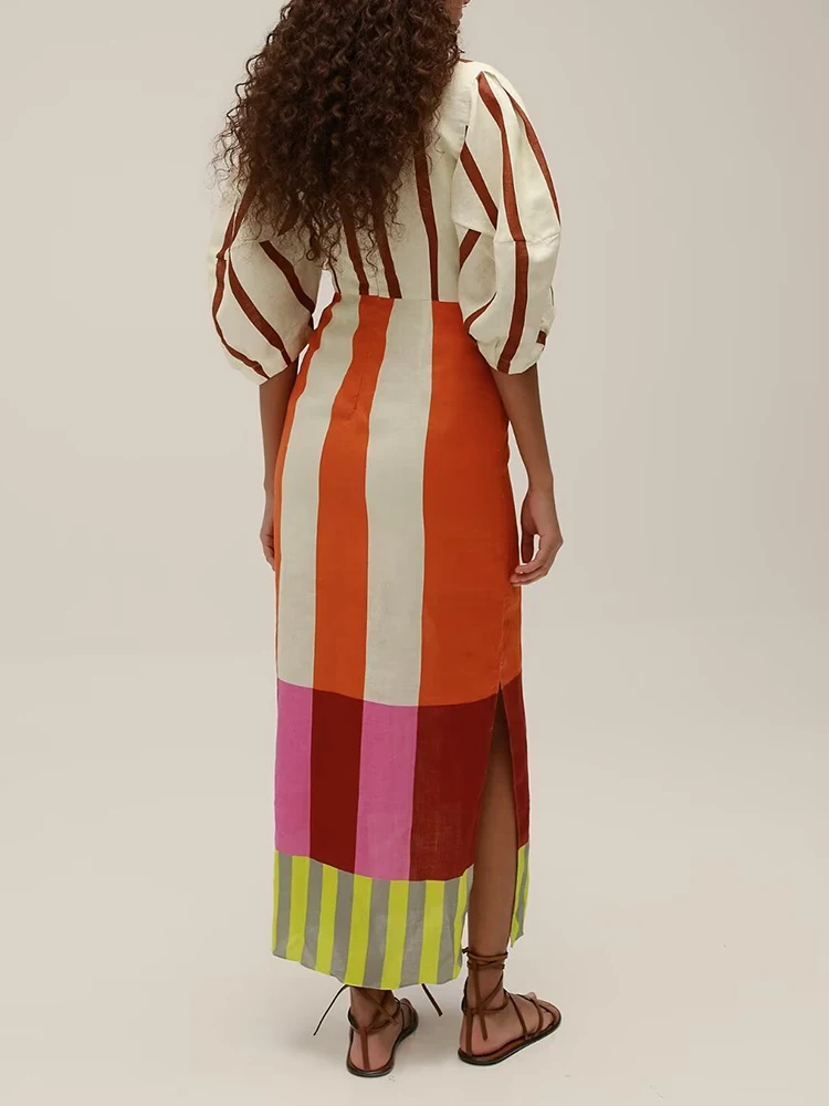 Europäischer und amerikanischer Stil, neue Damenmode, farblich abgestimmt, gestreift, Schlitz, Schleife, Dekoration, Puffärmel, V-Ausschnitt, langer Rock