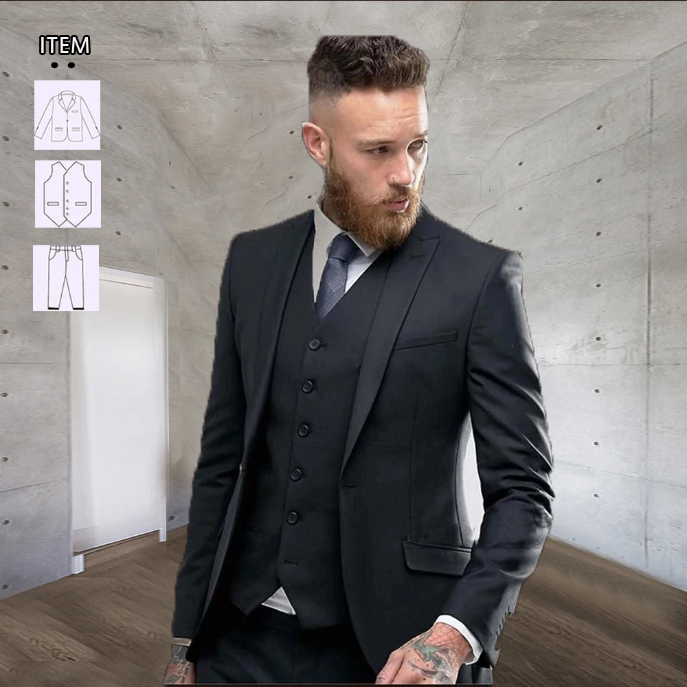 

Y583 Formal Groom Wear Wedding Suits 3 Pieces Jacket Vest Pants Black Single Breasted Blazer Male Classic Business Evening Dress