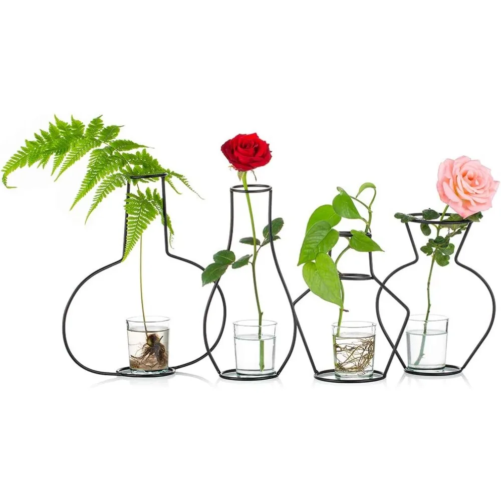 

Creative desktop flower pot set (4 pieces), including glass vases and wrought iron stands