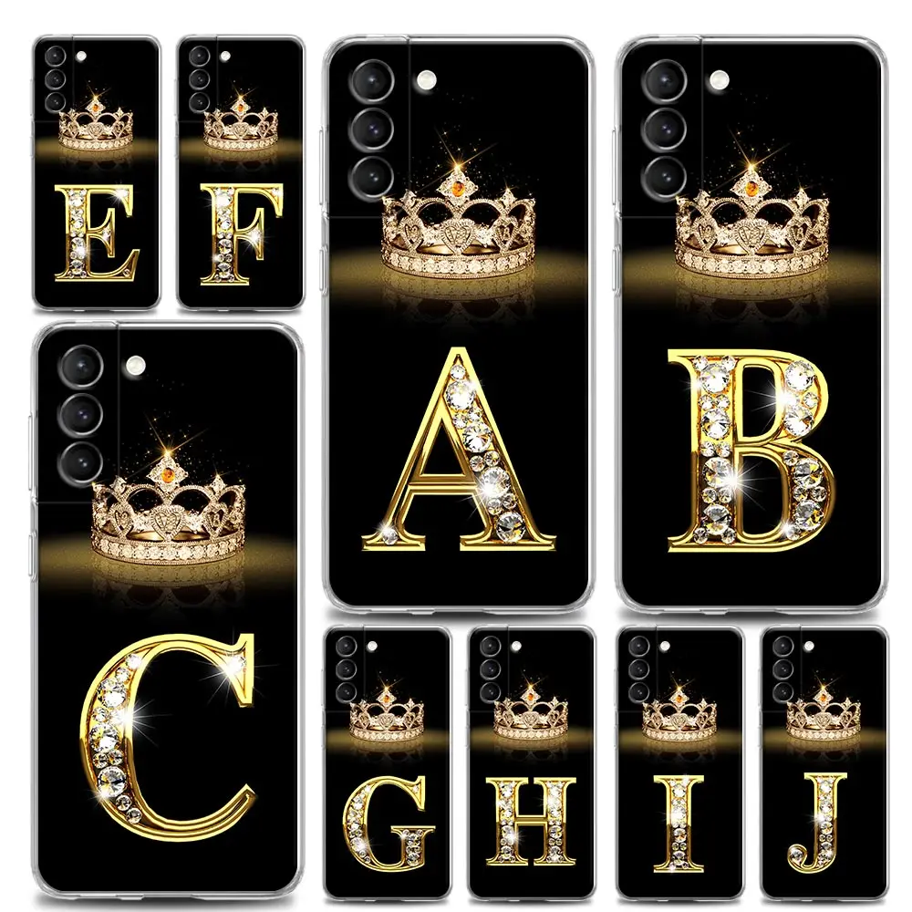 Golden Diamond Crown Initials Letter Clear Samsung S24Ultra Case For Galaxy S21 S20 FE S22 5G Ultra S24 S23 Plus Case Soft Cover