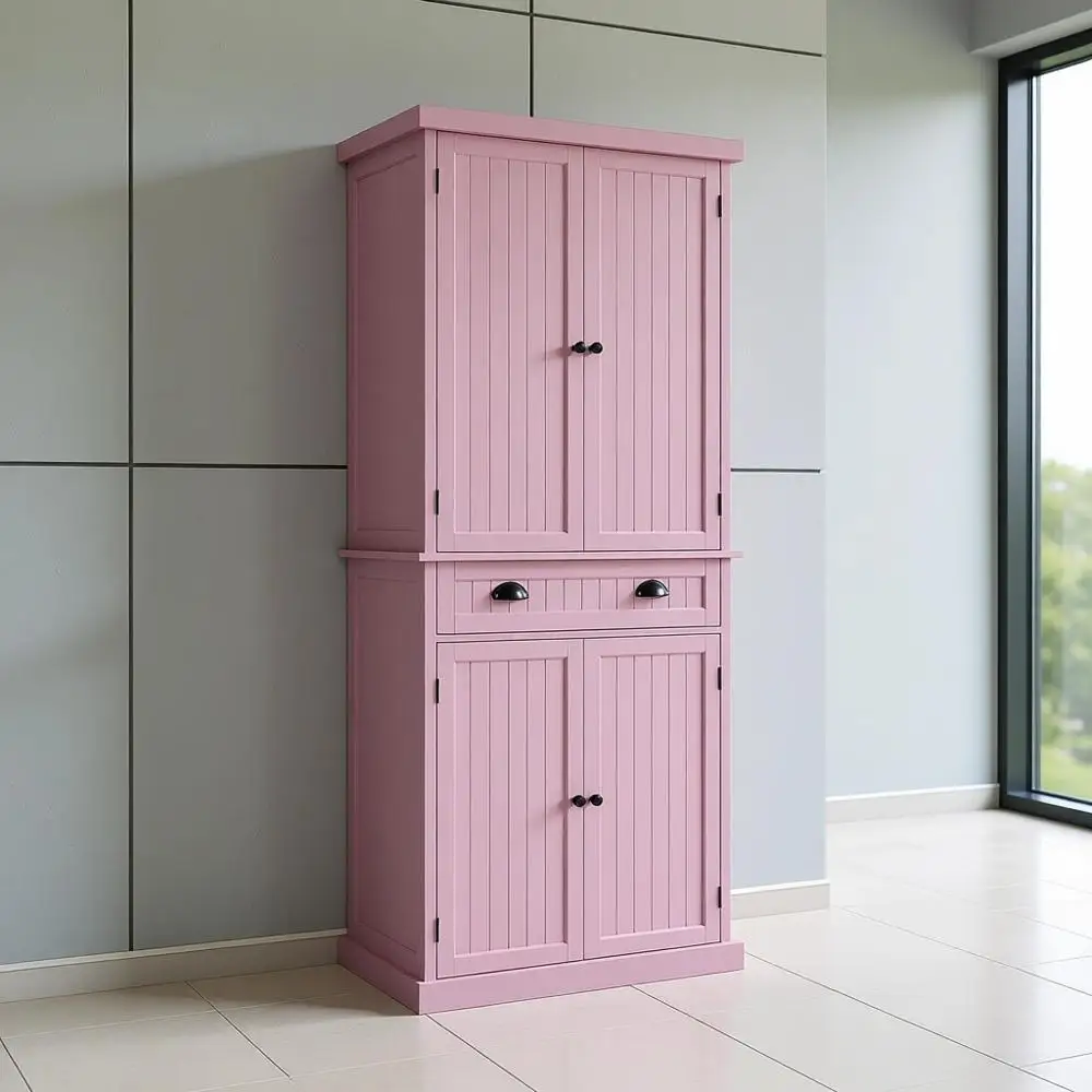 

72-Inch Tall Adjustable Shelf Kitchen Pantry Cabinet in Pink for Kitchen, Bathroom, or Hallway Storage